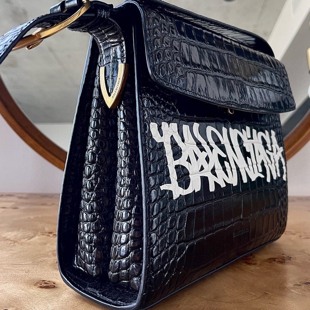 Balenciaga Calfskin Crocodile Embossed Graffiti Ghost Medium Shoulder Bag